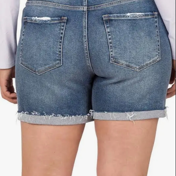 (Light Blue)Zenana Distressed Cuffed Raw Hem Denim Shorts - Picture 2 of 7